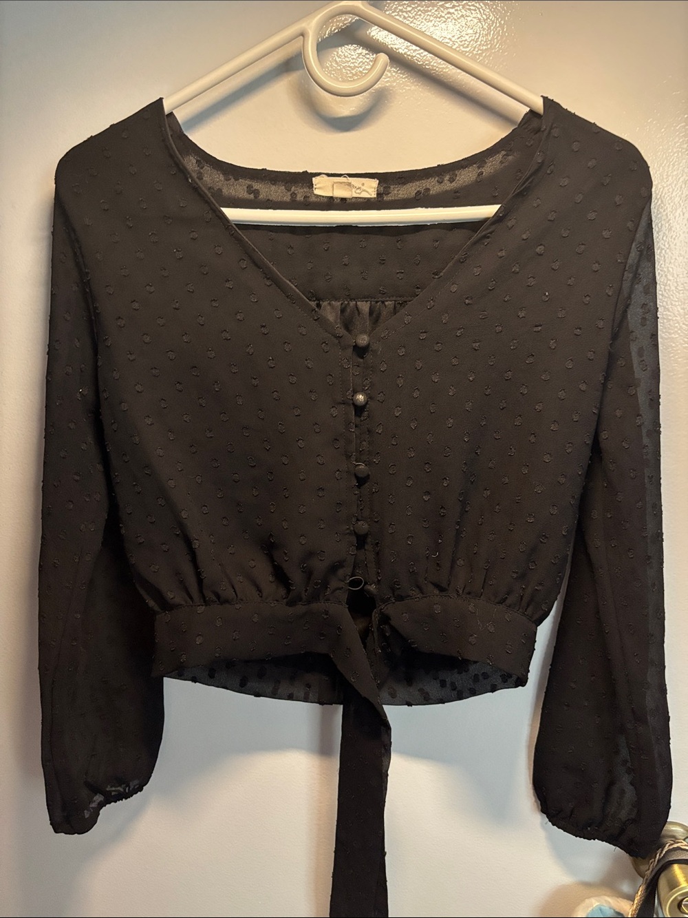 Black Swiss Dot Tie-Front Women's Top